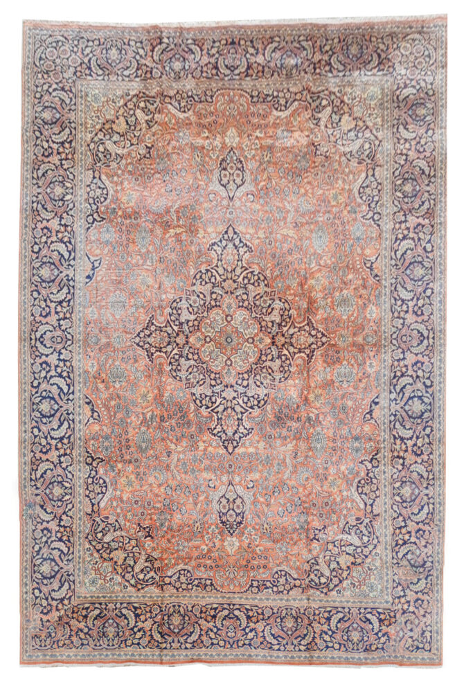 Distressed Hand Knotted Vintage Kashmiri Wool Area Rug 13.7 x 9.7 Ft (159 Ger-4) - Image 2