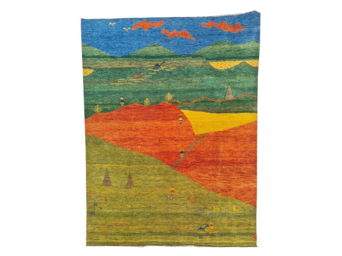 Authentic Hand Knotted Vintage Indo Gabbah Pictorial Wool Area Rug 7.5 x 5.7 Ft (1468 Ger-4) - Image 3