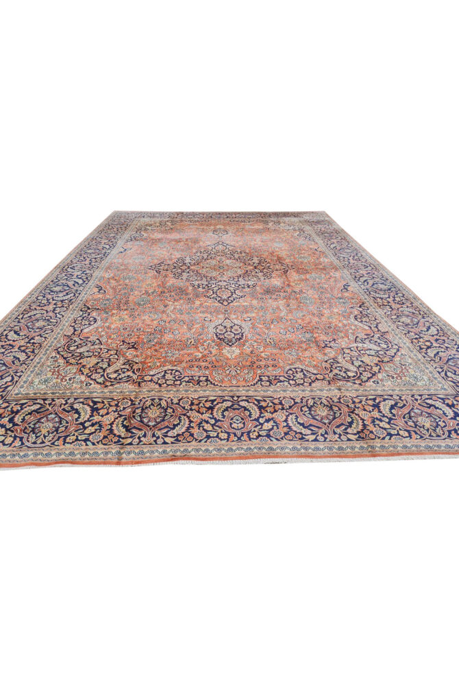 Distressed Hand Knotted Vintage Kashmiri Wool Area Rug 13.7 x 9.7 Ft (159 Ger-4) - Image 5
