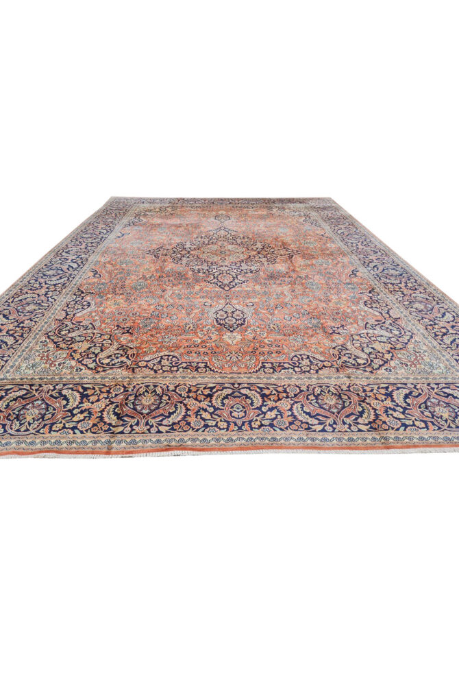 Distressed Hand Knotted Vintage Kashmiri Wool Area Rug 13.7 x 9.7 Ft (159 Ger-4) - Image 6
