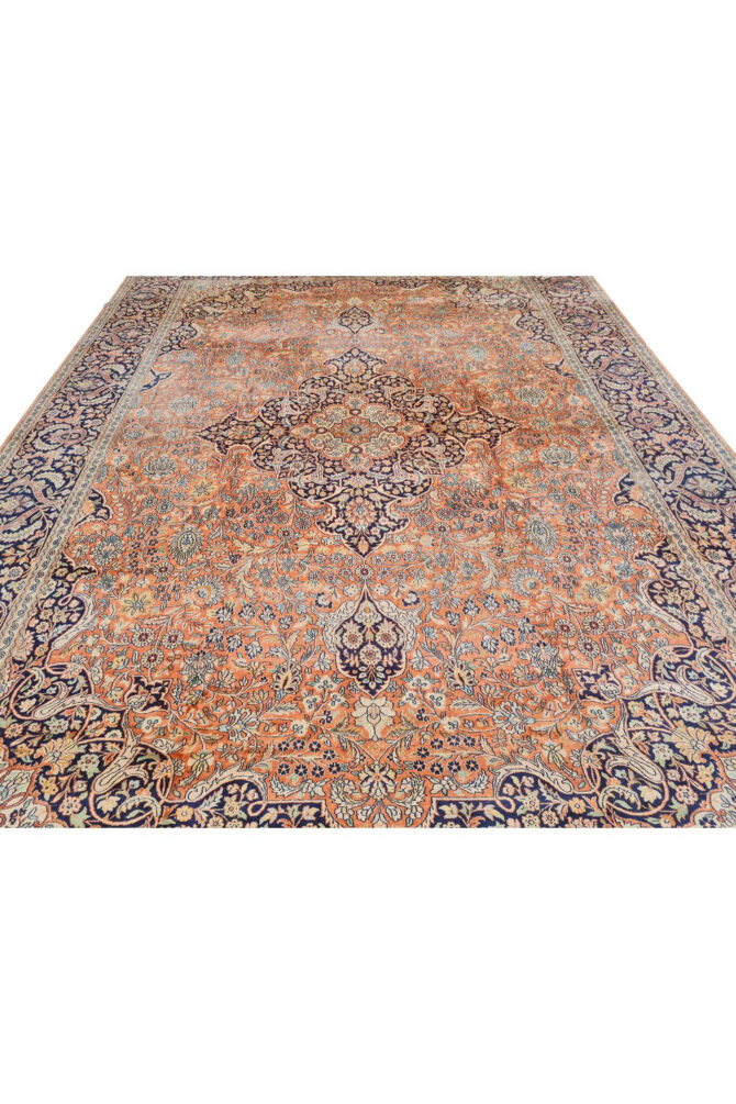 Distressed Hand Knotted Vintage Kashmiri Wool Area Rug 13.7 x 9.7 Ft (159 Ger-4) - Image 8