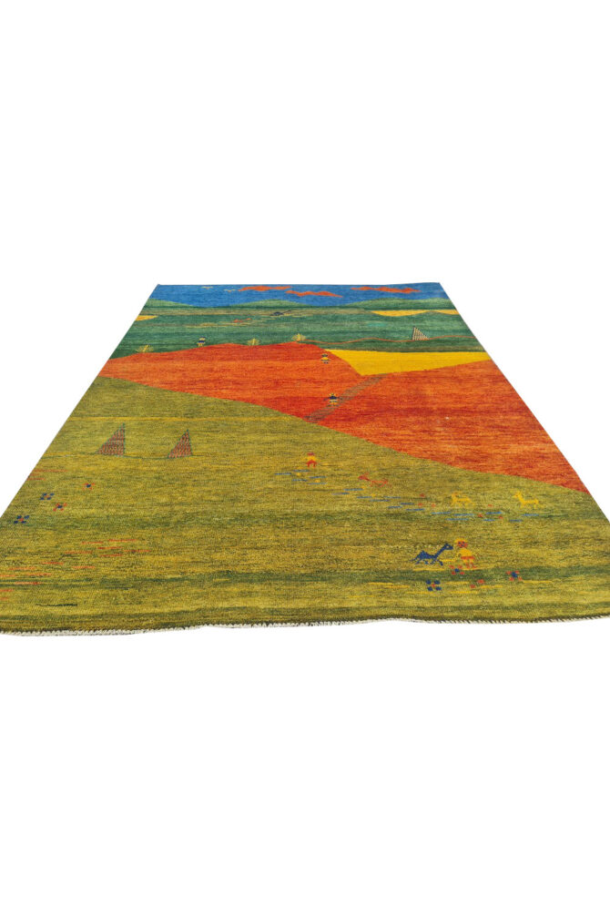 Authentic Hand Knotted Vintage Indo Gabbah Pictorial Wool Area Rug 7.5 x 5.7 Ft (1468 Ger-4) - Image 4