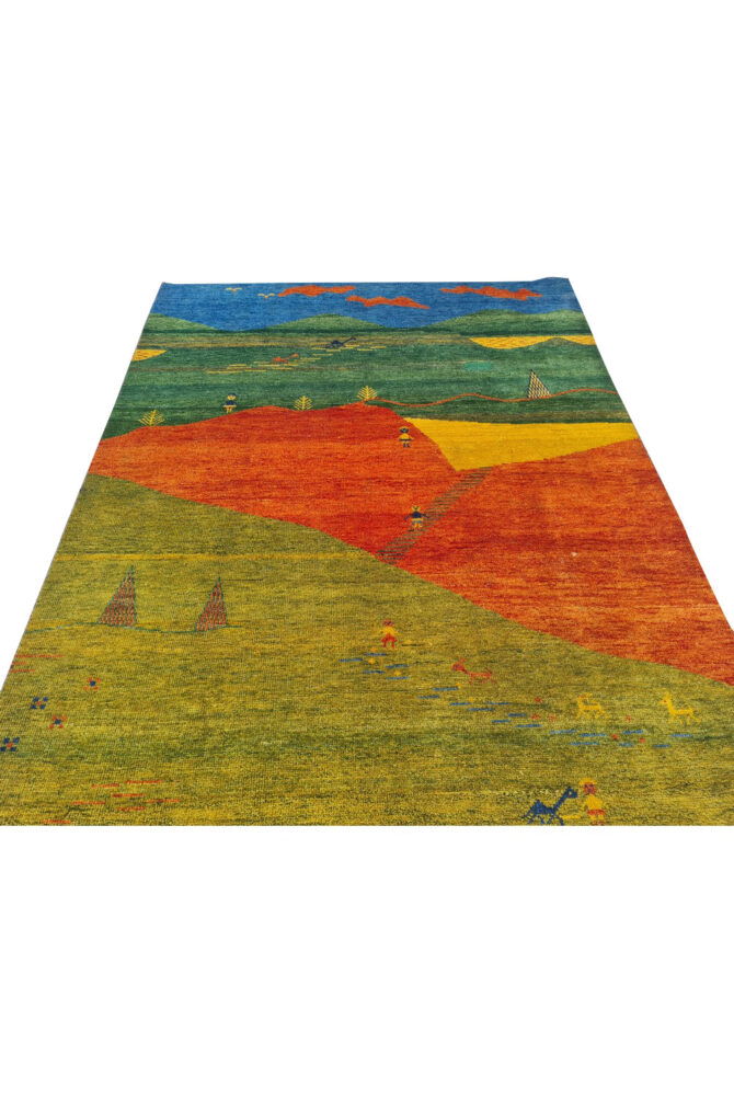 Authentic Hand Knotted Vintage Indo Gabbah Pictorial Wool Area Rug 7.5 x 5.7 Ft (1468 Ger-4) - Image 7