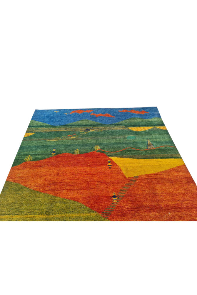 Authentic Hand Knotted Vintage Indo Gabbah Pictorial Wool Area Rug 7.5 x 5.7 Ft (1468 Ger-4) - Image 8