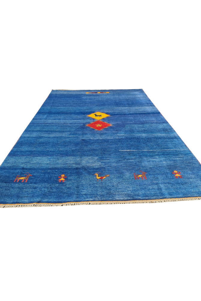 Authentic Hand Knotted Vintage Indo Gabbah Pictorial Wool Area Rug 8.0 x 5.9 Ft (1482 Ger-4) - Image 3