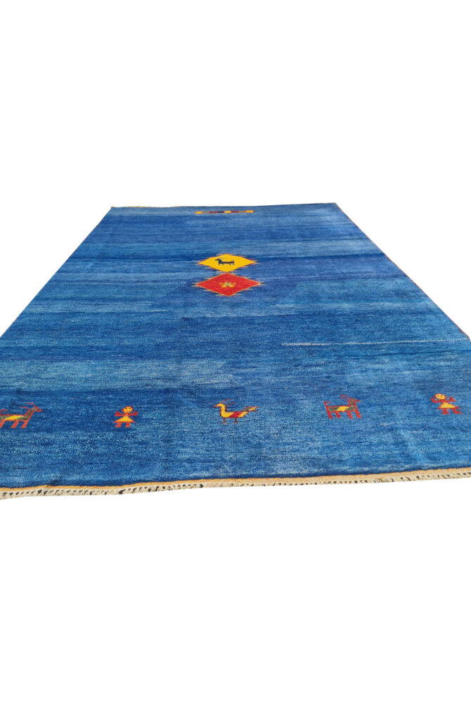 Authentic Hand Knotted Vintage Indo Gabbah Pictorial Wool Area Rug 8.0 x 5.9 Ft (1482 Ger-4) - Image 4