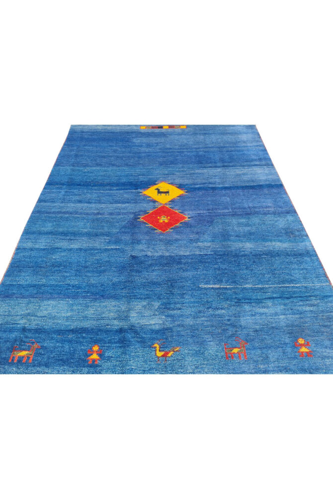 Authentic Hand Knotted Vintage Indo Gabbah Pictorial Wool Area Rug 8.0 x 5.9 Ft (1482 Ger-4) - Image 6
