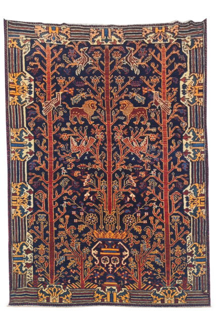 Authentic Hand Knotted Vintage Malayar Hunting Pictorial Wool Area Rug 5 x 4 Ft (942 Ger-4)
