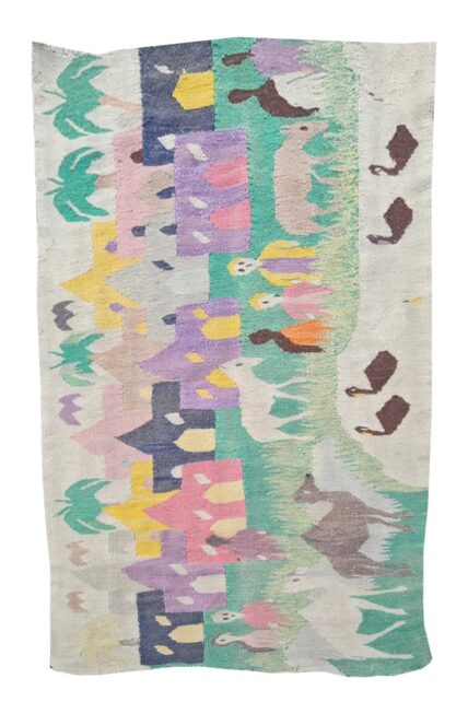 Hand Knotted Vintage Bulgaria Pictorial Kilim Wool Area Rug 4.2 x 2.7 Ft