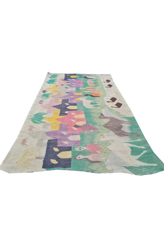 Hand Knotted Vintage Bulgaria Pictorial Kilim Wool Area Rug 4.2 x 2.7 Ft - Image 4