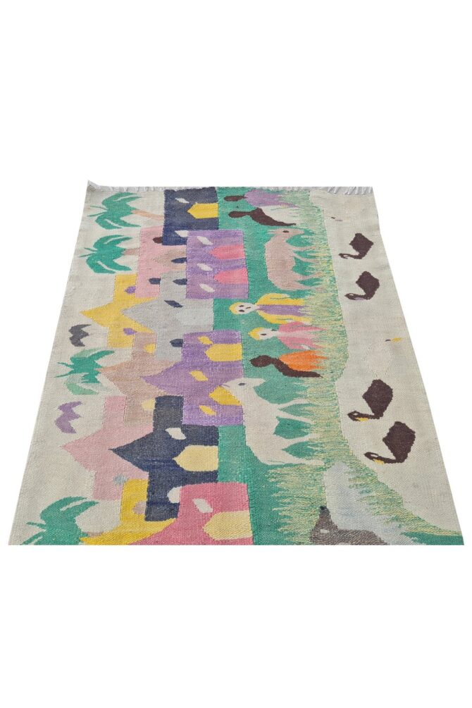 Hand Knotted Vintage Bulgaria Pictorial Kilim Wool Area Rug 4.2 x 2.7 Ft - Image 6