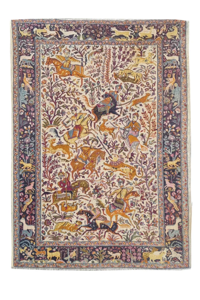 Fine Hand-Knotted Per style pictorial Hunting Scene wool rug 6 x 4 Ft